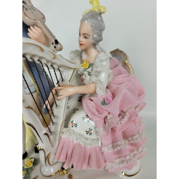 Vintage Dresden Potschappel Porcelain Figurine Lady Man Playing Harp Violin Lace - Picture 3 of 10